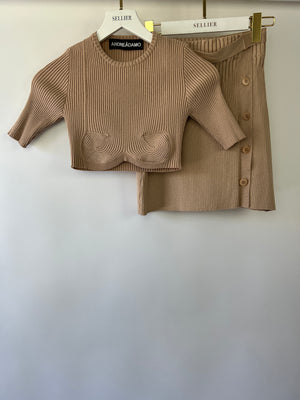 Andreadamo Beige Ribbed Cropped T-Shirt and Mini Skirt Set with Buttons Size S (UK 8)