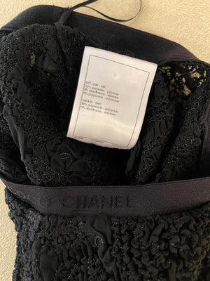 Chanel Black Textured Tulle Top and Cyclist Shorts Set with Camelia Details and Crystal CC Logos Size FR 34 (UK 6)