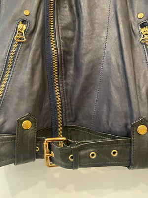 Pierre Balmain Navy and Black Sleeveless Leather Jacket with Gold Button Details Size FR 40 (UK 12)