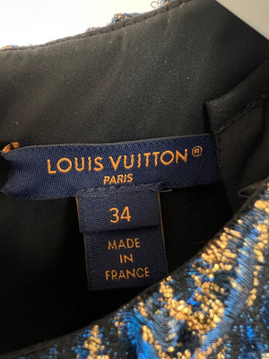 *CRUISE 2023 COLLECTION* Louis Vuitton Blue and Gold Peacock Pattern Dress Size FR 36 (UK 8) £5200