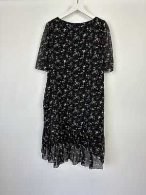 Saint Laurent Black Floral Print Short Sleeve Silk Dress With Ruffle Detail Size FR 36 (UK 8)