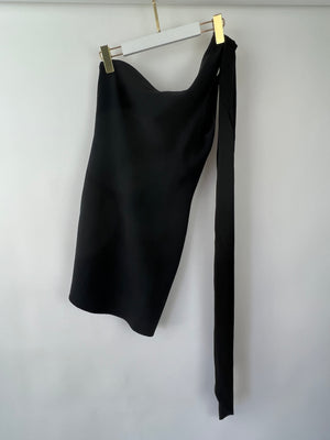 David Koma Black One Shoulder Mini Dress with Crystal Buckle 
Silk Bow Detail Size UK 12