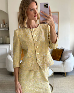 Yves Saint Laurent Pastel Yellow, Pink and Blue Tweed Jacket and Skirt Set Detail Size FR 36 (UK 8)