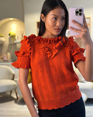 Gucci Burnt Orange Round-Neck Short Sleeve Knit Top With Ruffle Detail Size Medium (UK 10)