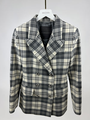 Ermanno Scervino Grey and White Wool Checkered Blazer Jacket with Silver Button Detail IT 40 (UK 8)