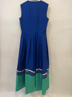 Fendi Electric Blue, Green and Black Zipped Maxi Pleated Dress with Mesh Detailing Size IT 42 (UK 10)