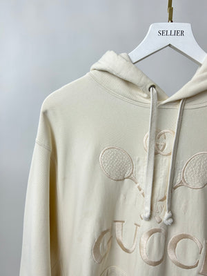 Gucci Cream Tennis Racket Embroidered Hoodie with Logo Detail Size IT 40 (UK 8)