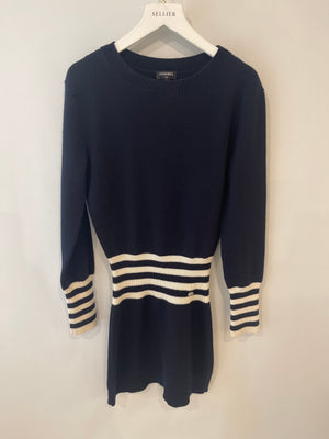 Chanel Navy and White Striped Long-Sleeve Cashmere Mini Dress with CC Logo Button Detail Size FR 34 (UK 6)