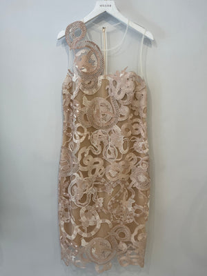 Mary Kataranzou Beige Mesh Midi Dress with Embellishment Details Size UK 12