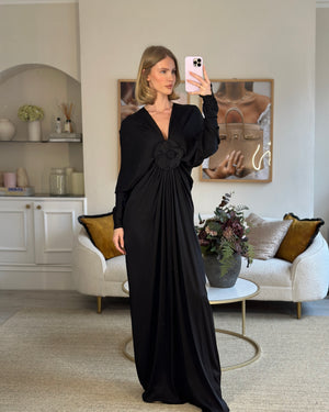 Saint Laurent Black Maxi Gown with Rose - Appliqué Detail FR 38 (UK 10)