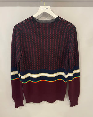 Céline Burgundy Jumper with Multicolour Geometric Details Size S (UK 8)