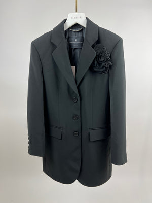 Ermanno Scervino Black Single-Breasted Blazer Jacket with Black Flower Patch Detail Logo Button Detail Size IT 36 (UK 4)