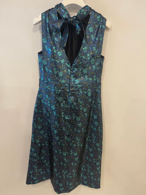 Prada Blue 
Green Metallic Sleeveless Midi Dress with Floral Prints Size IT 40 (UK 8)