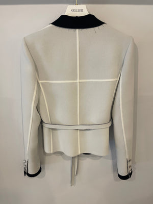 Chanel Light Grey and Black Belted Blazer Jacket with CC Logo Buttons Size FR 36 (UK 8)