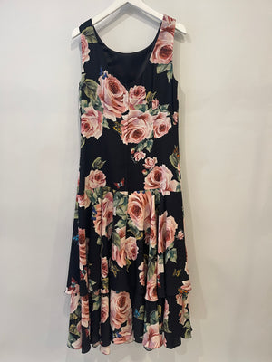 Dolce 
Gabbana Black and Pink Silk Floral Printed Layered Midi Dress Size IT 42 (UK 10)