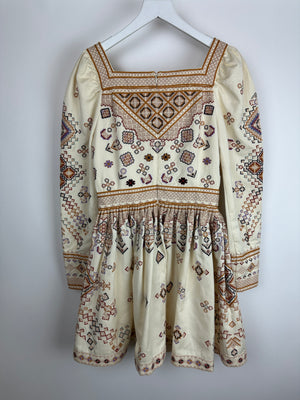 Ulla Johnson Cream Long Sleeve Mini Dress with Multi-Colour Cross Stitch Detail Size UK 8