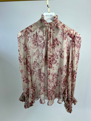 Zimmermann Pink Rose Silk Ruched Collar Shirt with Tie Detail IT 44 (UK 12)