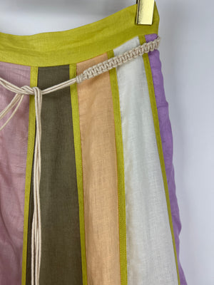 Zimmermann Multi-Colour Stripe Linen Midi Skirt and Top Set with Shell Belt Size 0 (UK 8)