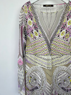 Roberto Cavalli Long Sleeve Multicolour Gown with Aztec Print Detail Size IT 42 (UK 10)