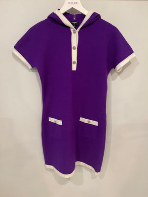 Chanel Cruise 2024 Purple Cashmere Short Sleeve Hooded Mini Dress with Crystal Multicolour CC Buttons Detail Size FR 36 (UK 8)