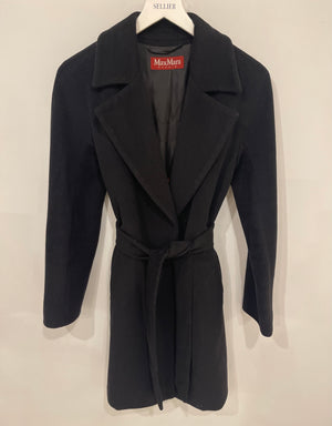 Max Mara Studio Black Wool Coat with Belt Detailing Size IT 44 (UK 12)