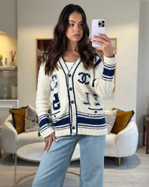 Chanel White, Blue Varsity Style Cardigan with "31" Logo Buttons Detail Size FR 38 (UK 10)