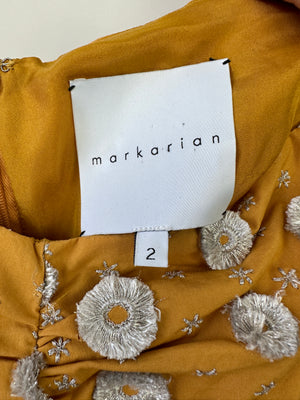 Markarian Mustard Yellow Long Sleeve Mini Dress with Silver Embroideries US 2 (UK 6)