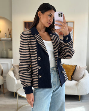 Chanel 15/B Navy, Beige Houndstooth Tweed Double Breasted Jacket Size FR 36 (UK 8)