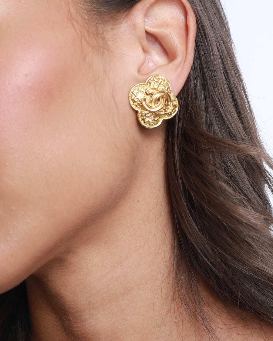 Chanel Vintage Yellow Gold Flower with CC and Chanel Logo Detail Clip-On Earrings