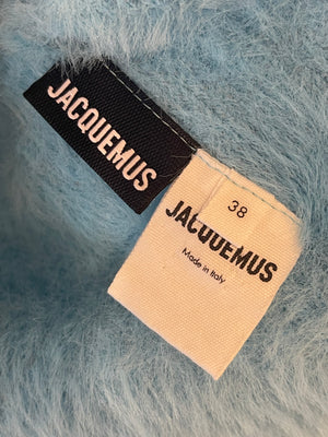 Jacquemus Blue La Maille Neve Cropped Brushed Cardigan with Gold Logo Size FR 38 (UK 10)