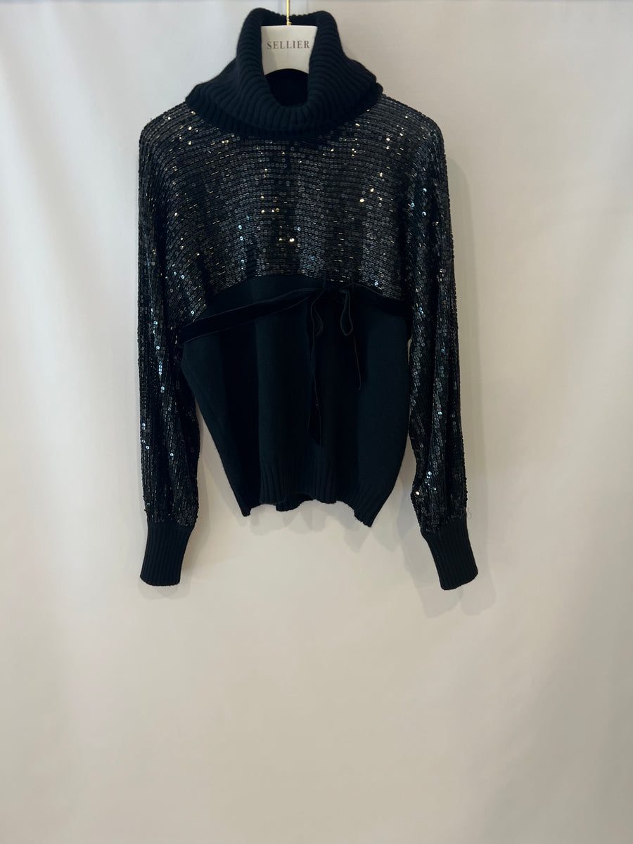 Valentino Black Cashmere Turtleneck Sequin Sleeve Jumper Size M (UK 10)