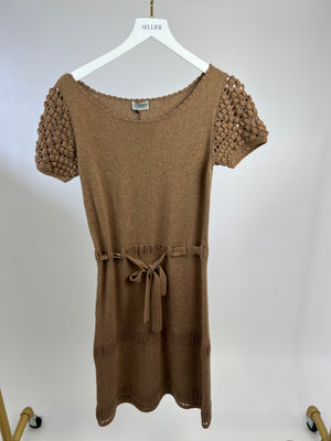 Philosophy Brown Short-Sleeve Knitted Mini Dress with Belt Size UK 8