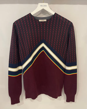 Céline Burgundy Jumper with Multicolour Geometric Details Size S (UK 8)