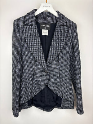 Chanel Black 
Grey Metallic Tweed Curved Hem Jacket with Ruthenium CC Button Detail FR 36 (UK 8)