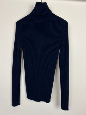 Chanel Navy Ribbed Cashmere Roll Neck Long Sleeve Jumper with CC Logo Detail FR 36 (UK 8)