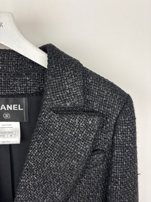 Chanel Black Coated Tweed Curved Hem Jacket with Silver CC Button Detail FR 36 (UK 8)