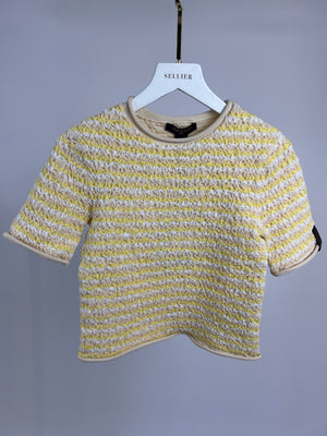 Louis Vuitton Cream and Yellow Ruched Crop T-shirt with Monogram Sleeve Detail Size S (UK 8)