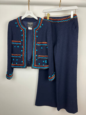 Chanel for Bergdorf Goodman AW/97 Navy Boucle Cropped Jacket with Matching Trousers Size FR 36 (UK 8)