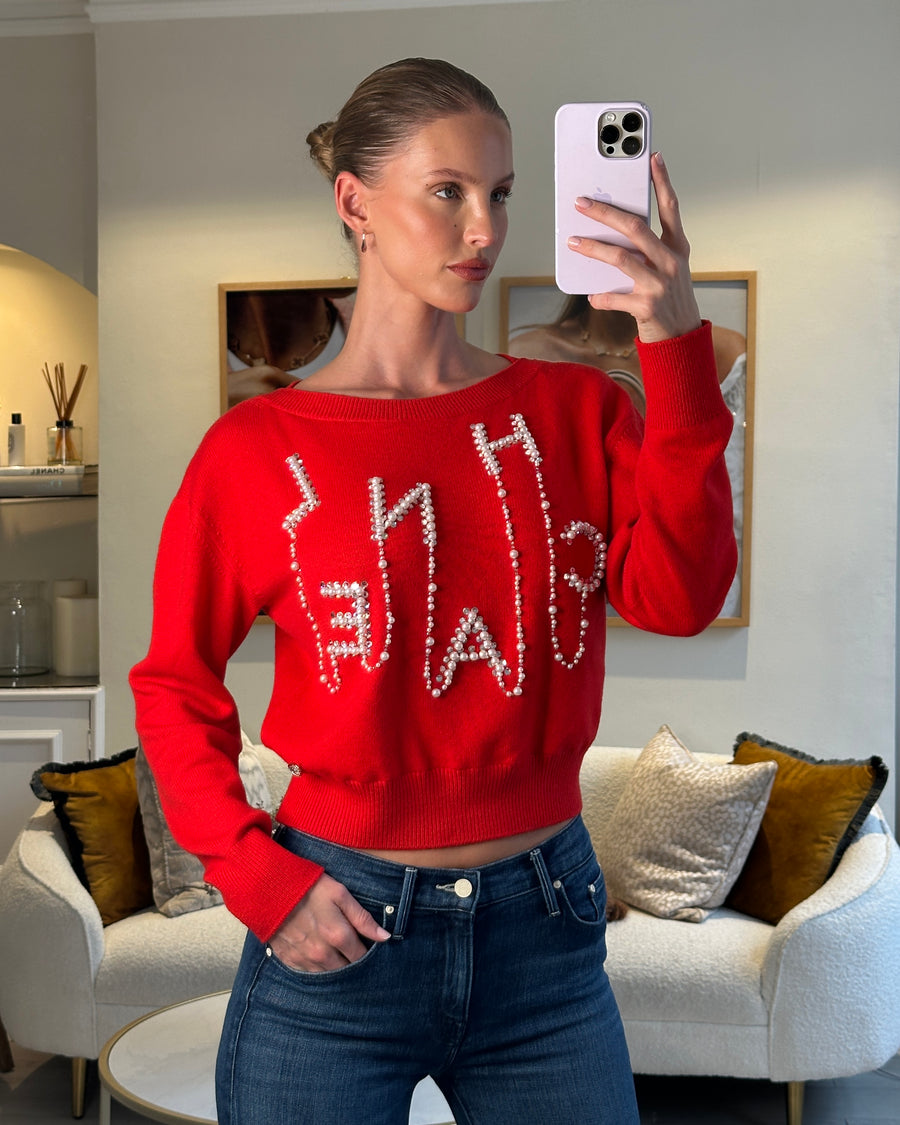 *HOT* Chanel Red Cashmere Jumper with Pearl Crystal Embellished Logo Size FR 40 (UK 12)