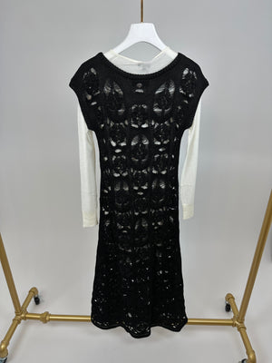 Chanel Black Crochet Short Sleeve Midi Dress with White Long-Sleeve Under-Layer Set Size FR 34 (UK 6)