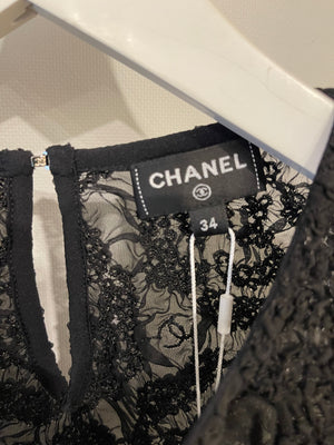 Chanel Black Textured Tulle Top and Cyclist Shorts Set with Camelia Details and Crystal CC Logos Size FR 34 (UK 6)