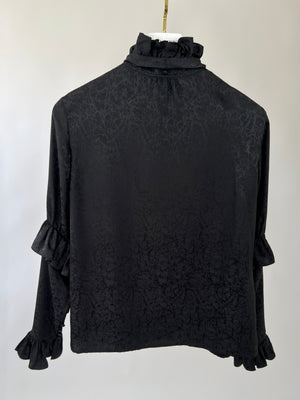 Saint Laurent Black Textured Silk Blouse with Neck Ruffle Detail, Sleeve Ruffle Detail, and Neck Tie Detail Size FR 38 (UK 10)