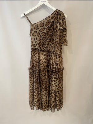 Dolce 
Gabbana Brown Silk Leopard Asymmetric Tiered Midi Dress Size IT 44 (UK 12)