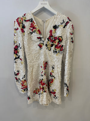 Zuhair Murad White Long-Sleeve Sequin Embellished Playsuit with Abstract Multicolour Details Size IT 42 (UK 10)