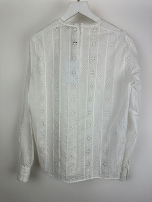 Celine White Long-Sleeve Sheer Blouse with Triomphe Logo Detail Size FR 36 (UK 8)