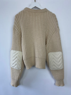 Louis Vuitton Beige Ribbed Long Sleeve Jumper with Quilted Elbow Patch Detail Size XS (UK 6)