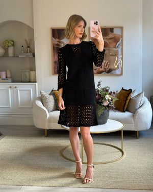 Chanel Black Crochet Long Sleeve Dress with Pearl Button Back Detail Size FR 38 (UK 10)