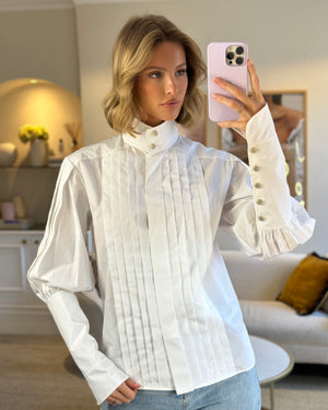 Chanel White Cotton High Neck Pleated Shirt Size FR34 (UK6) RRP £3,720