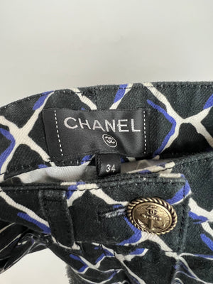 Chanel Black Denim Mini Shorts with Quilted Print in Blue 
White with Anchor Button Detail Size FR 34 (UK 6)