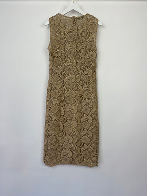 Prada Metallic Gold Sleeveless Floral Crochet Midi Dress Size IT 38 (UK 6)